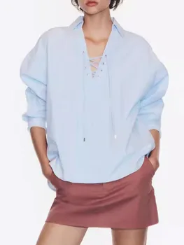 זאק AiIsa סתיו החדש של נשים אופנה בגדי כל-התאמת V-צוואר עניבת עם שרוולים ארוכים רופפים מזדמן מרקם כותנה החולצה העליון.